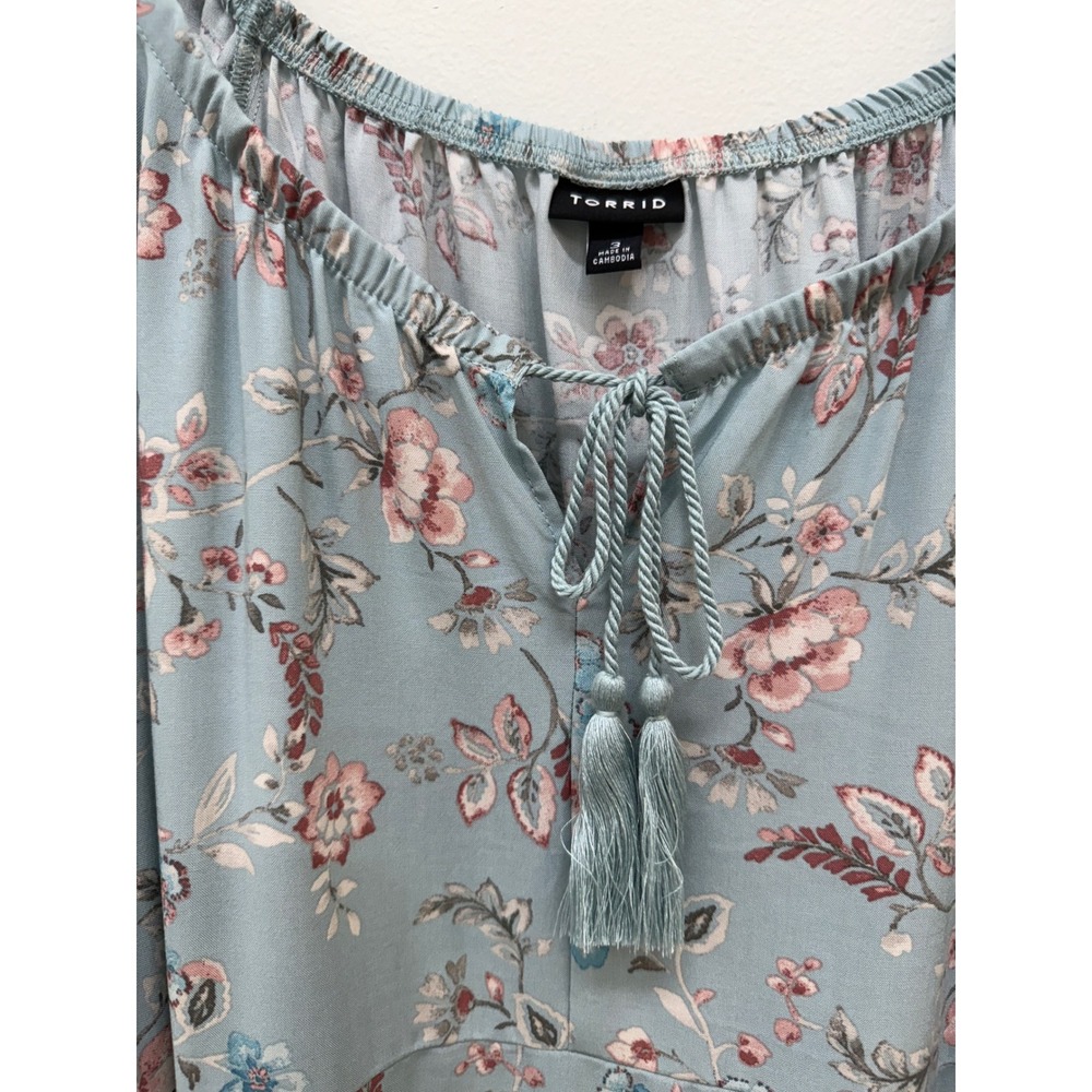 Torrid Maxi Dress 2 Blue Floral Boho Tassel Long Sleeve Tiered Hem - Picture 4 of 10